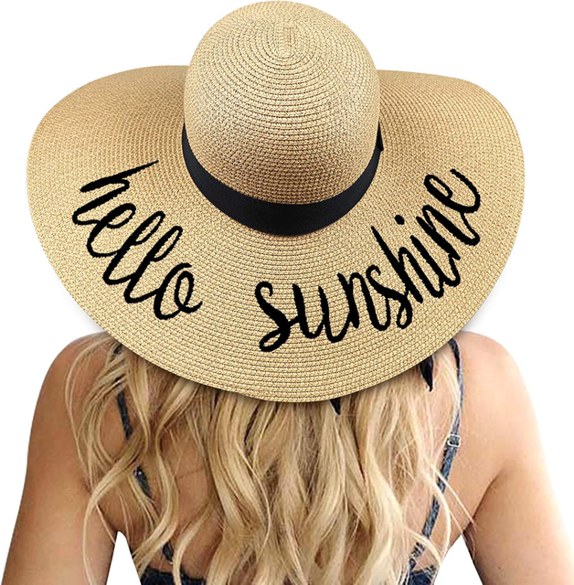 OEM Summer Beach Big Brim Foldable Packable Sun Protect Holiday Women Floppy Straw Hat with Embrodiery Logo