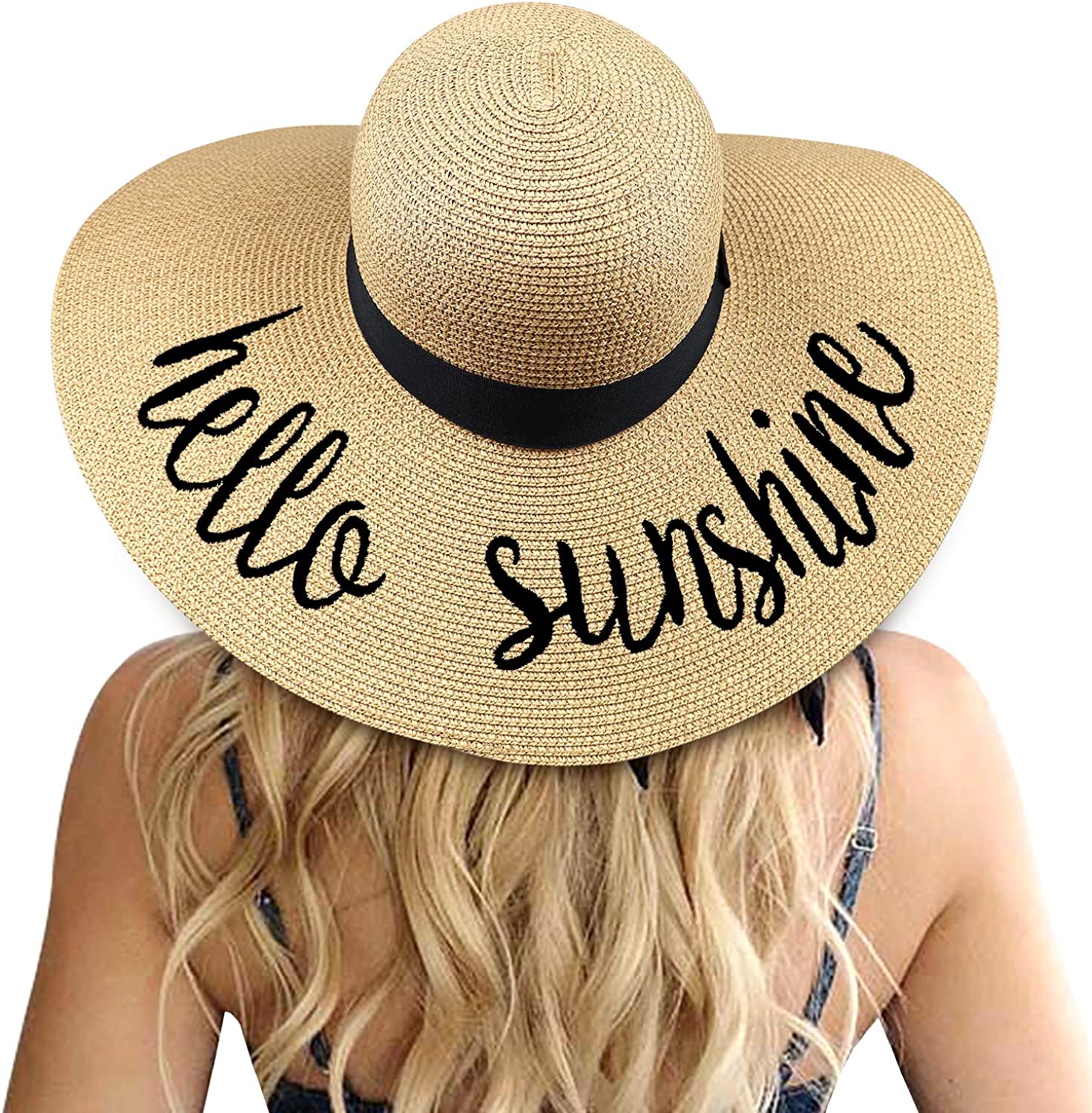 OEM Summer Beach Big Brim Foldable Packable Sun Protect Holiday Women Floppy Straw Hat with Embrodiery Logo