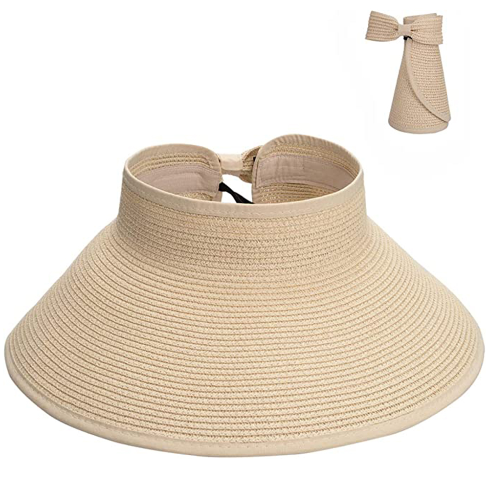 Wholesale Crownless Foldable Packable Women Adjustable Size Summer Beach Roll Up Visor Straw Hat with Bow