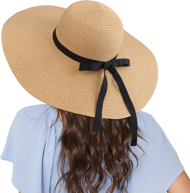 OEM Summer Beach Big Brim Foldable Packable Sun Protect Holiday Women Floppy Straw Hat with Embrodiery Logo