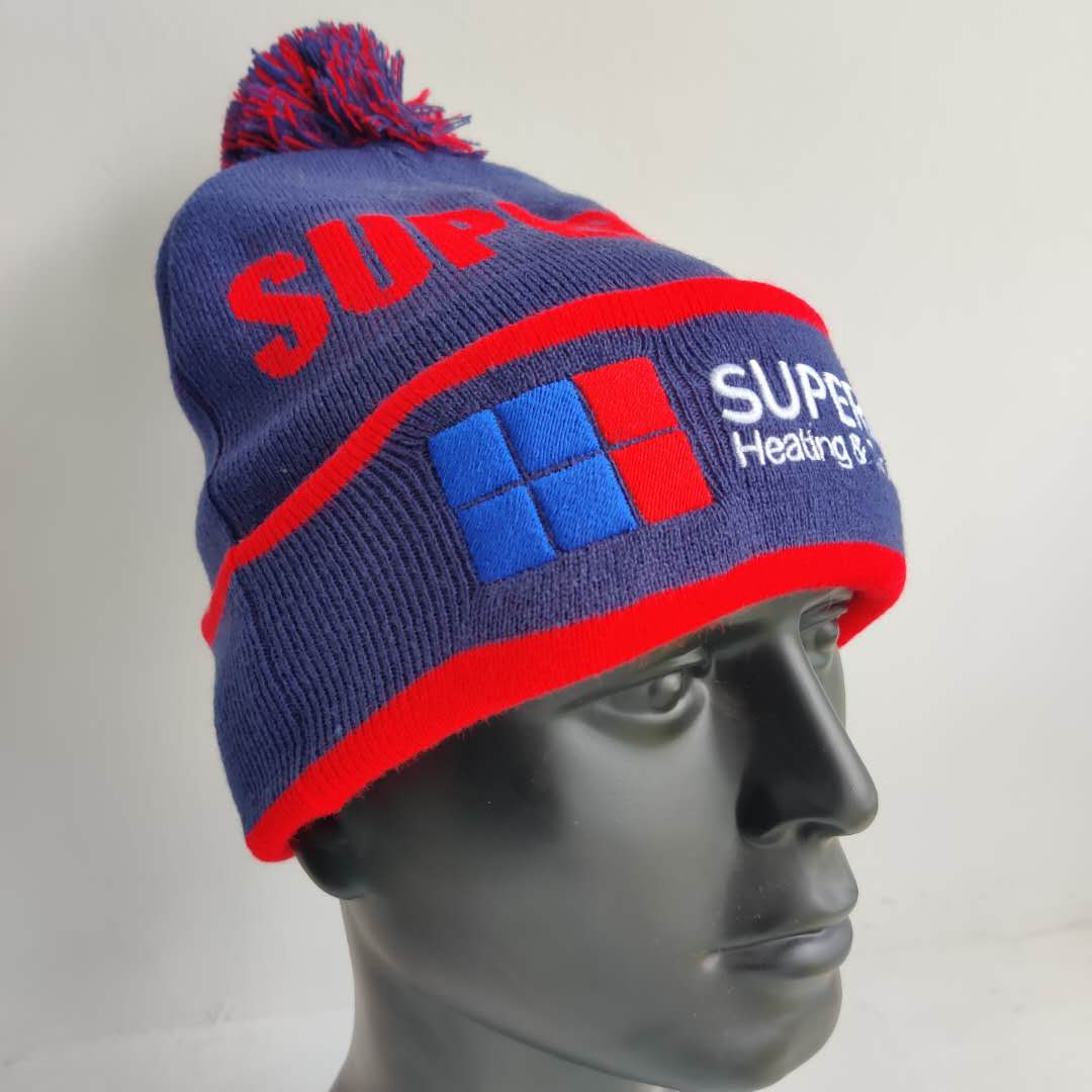 Pompom Jacquard Custom Club Cuff Knitted Beanie Hat with Embroidery Logo