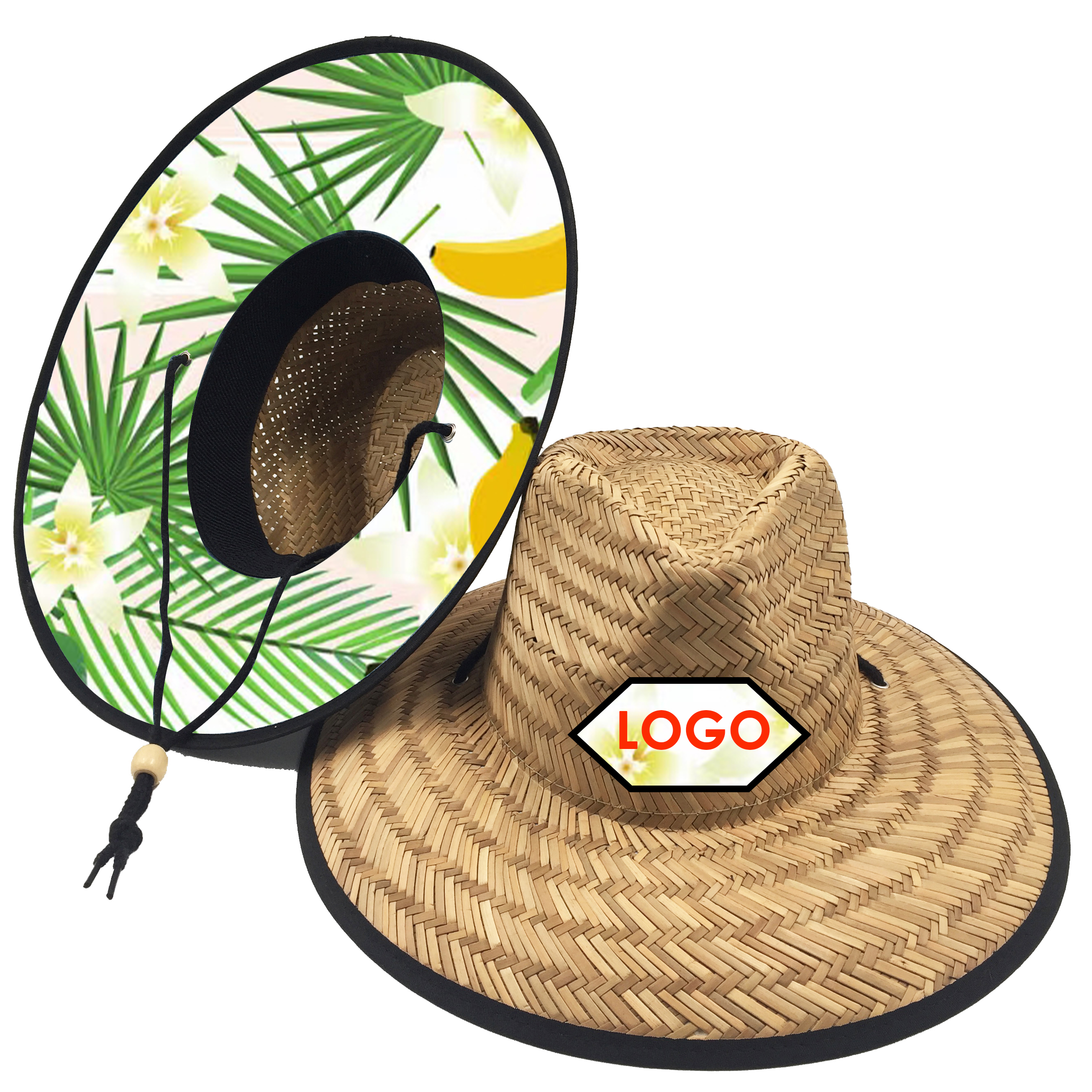 Wholesale OEM Summer Beach Print Underbrim Panama Natural Grass Straw Sun Hat with Logo