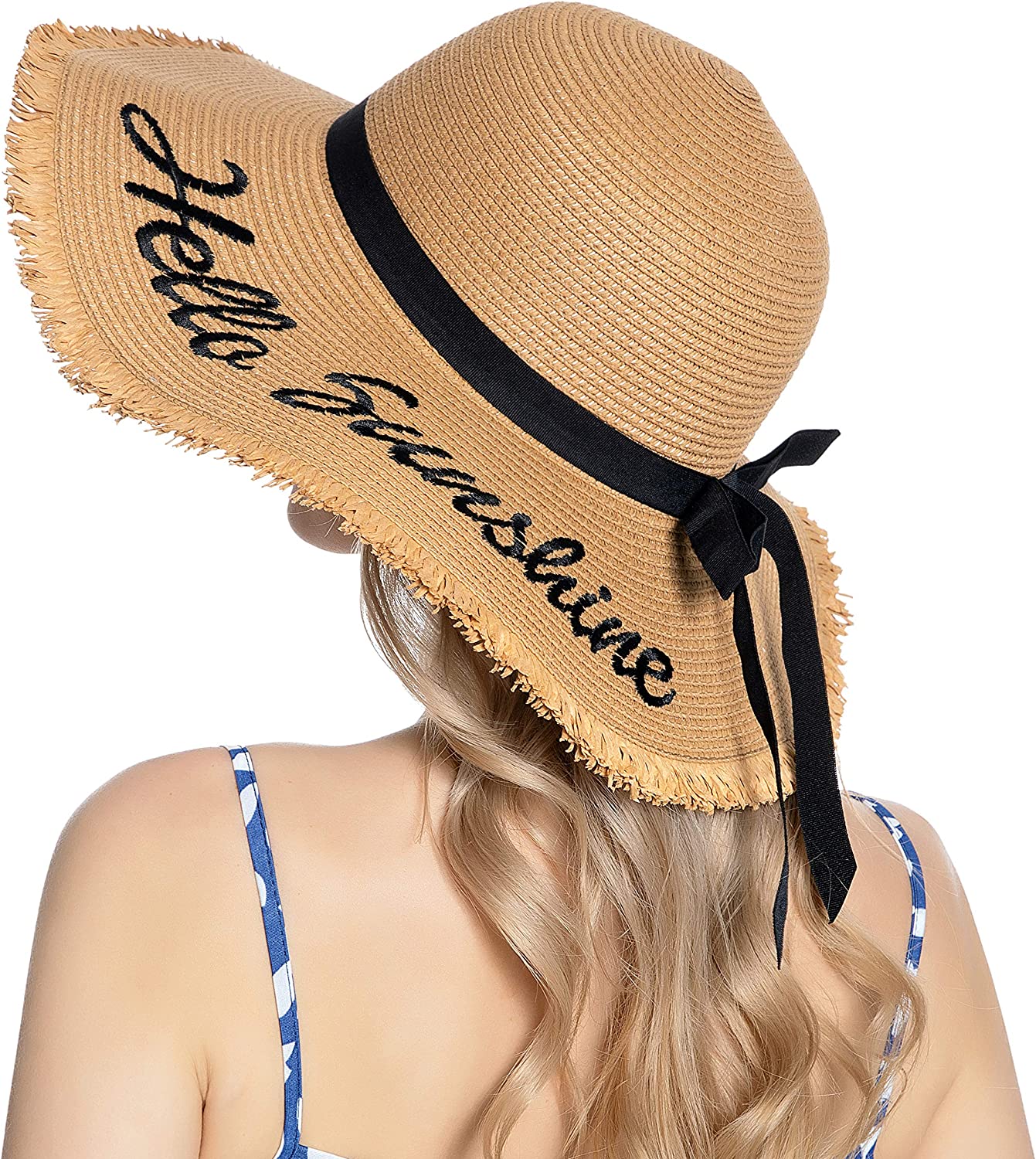 OEM Summer Beach Big Brim Foldable Packable Sun Protect Holiday Women Floppy Straw Hat with Embrodiery Logo