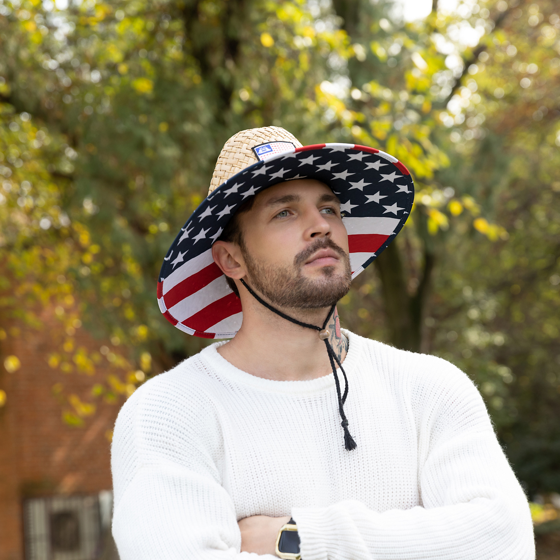 Custom Natural Grass Beach Fishing Surf Lifeguard Straw Hat with Underbrim UPF50+American Flag under Brim Print