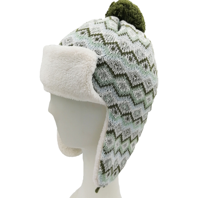 New Fashion Earmuff Jacquard Double Layers Polar Fleece Acrylic Knit Pompom Beanie Hats