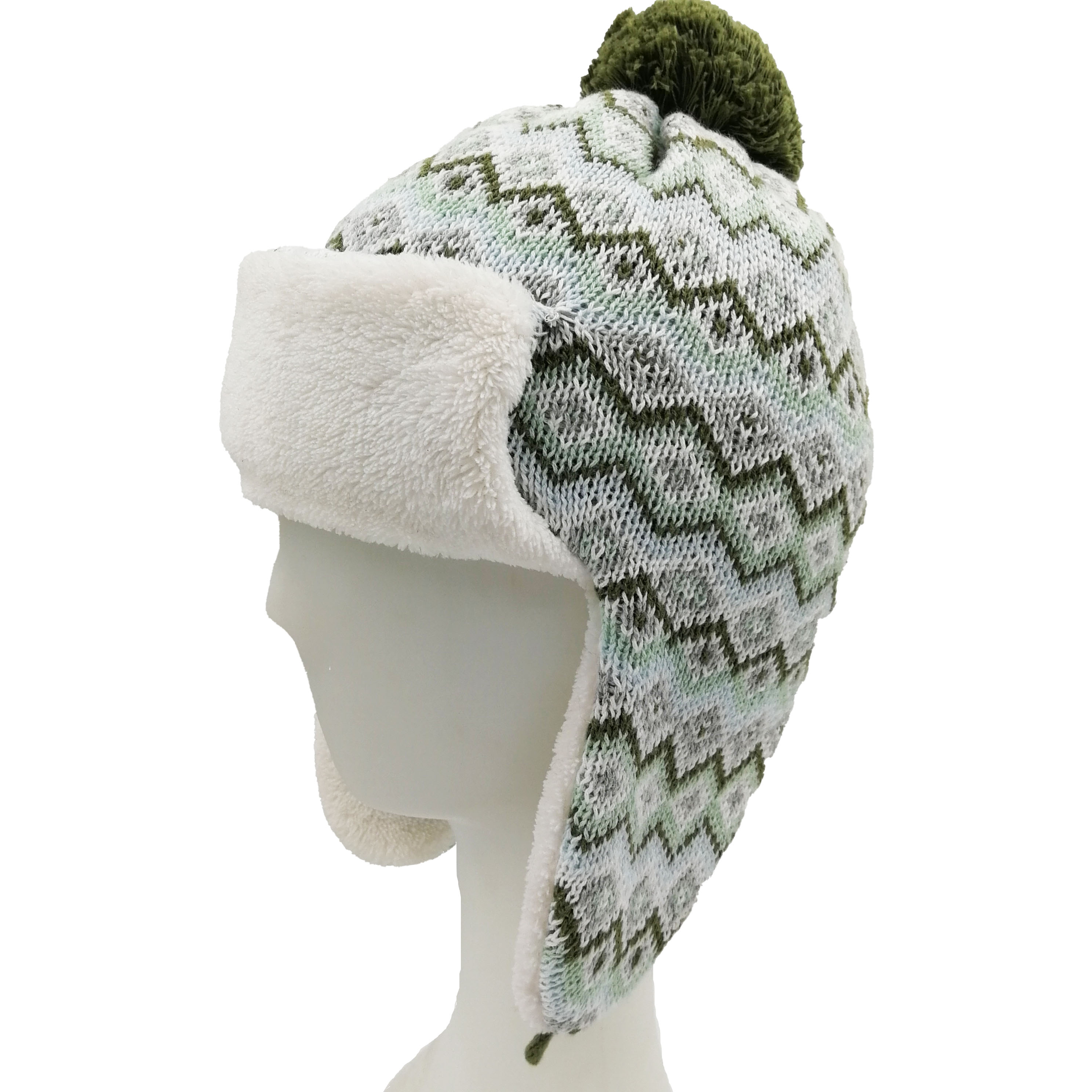 New Fashion Earmuff Jacquard Double Layers Polar Fleece Acrylic Knit Pompom Beanie Hats