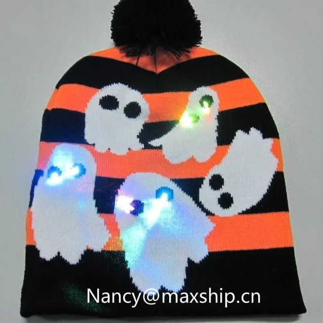 Custom Winter Christmas Halloween Party Gift Knitted Beanie Hat with Led Lights