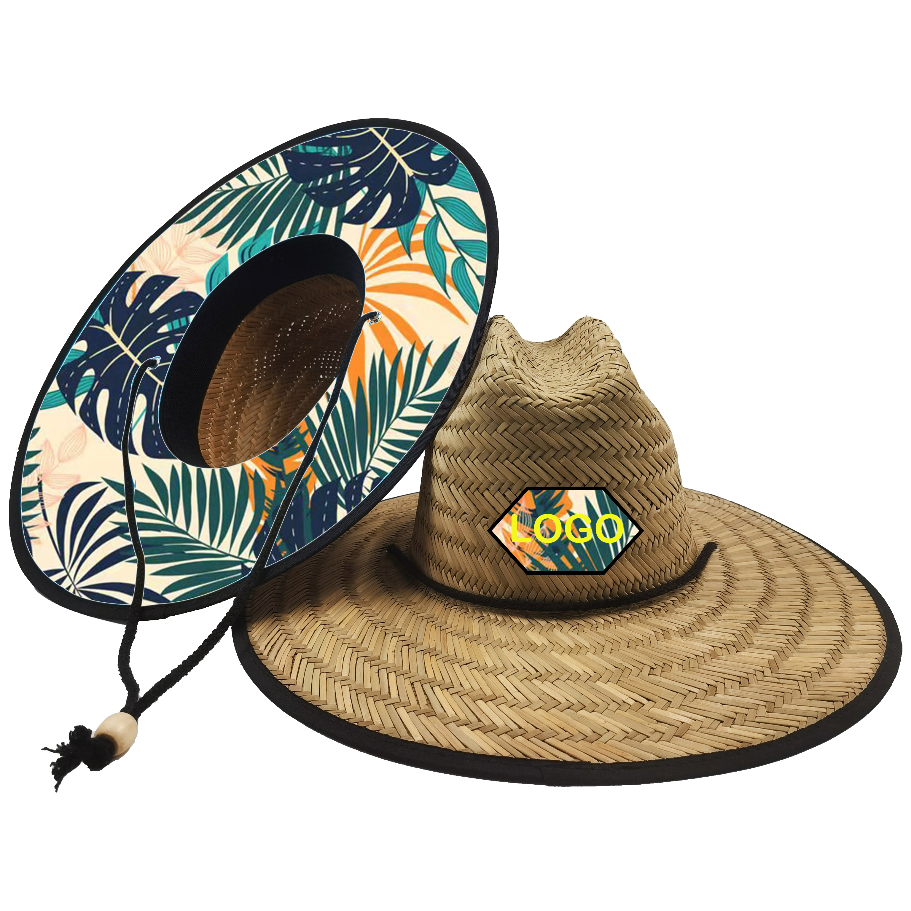 Custom Wholesale Men Women Wide Brim Natural Grass Summer Beach Sun Protect Surf Fishing Lifeguard Straw Hat