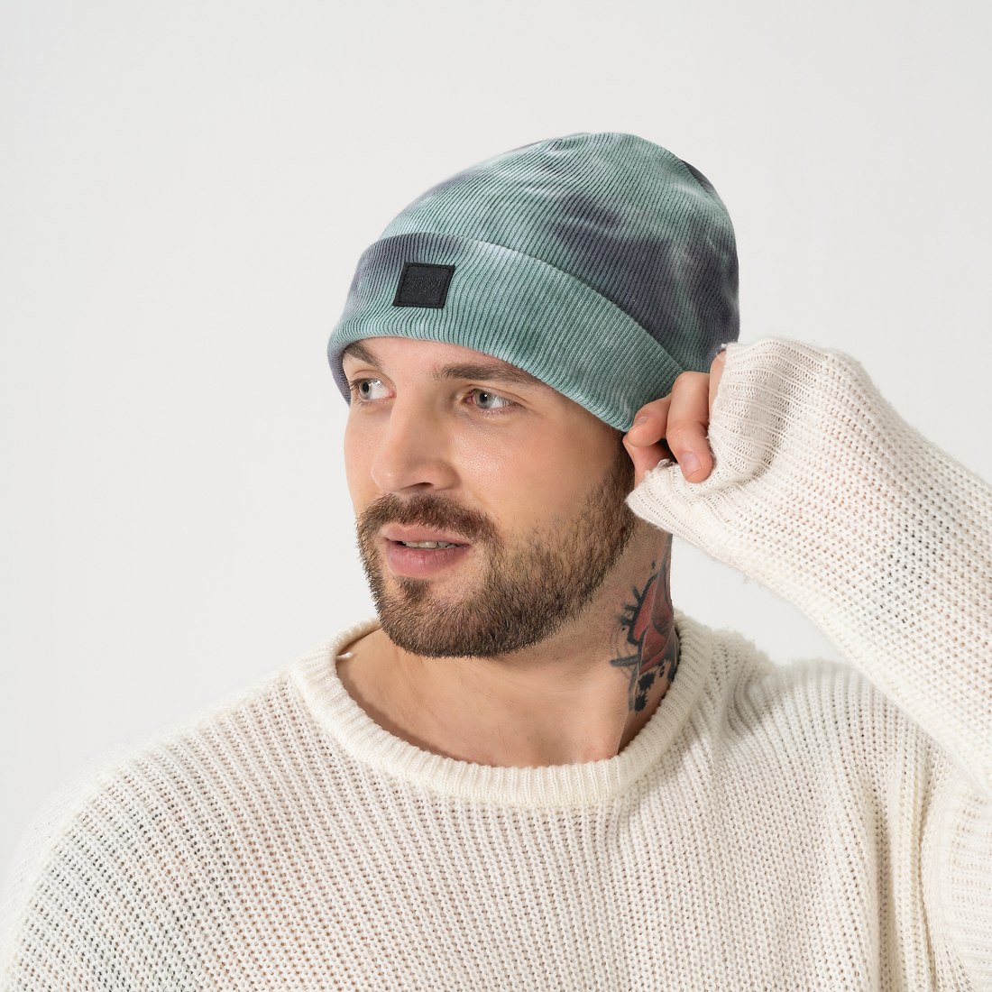 Custom woven patch logo Tie dye cotton fishermen skull cap beanie with cuff