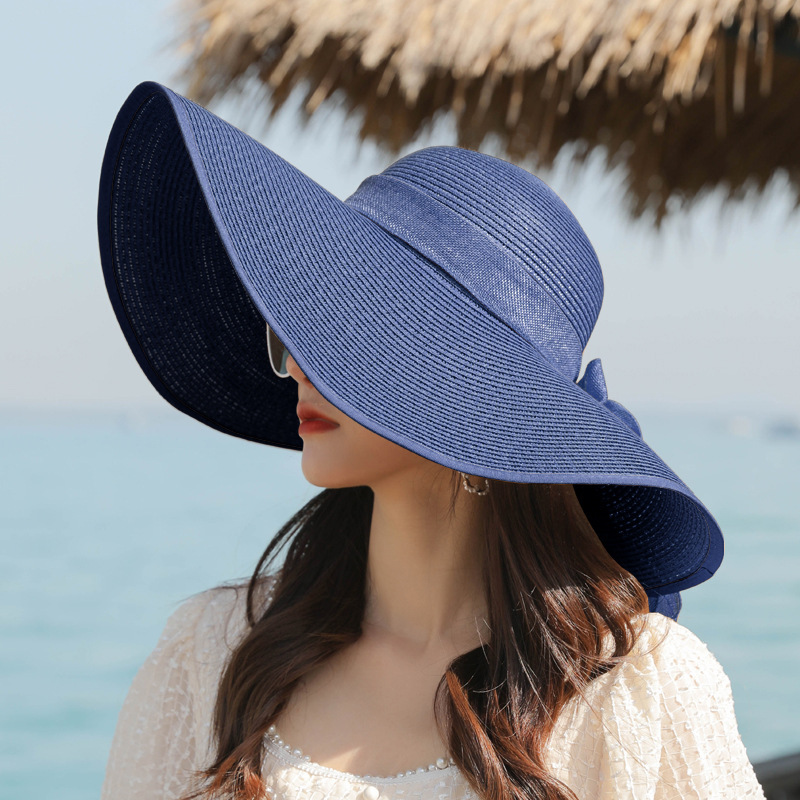 OEM Summer Beach Big Brim Foldable Packable Sun Protect Holiday Women Floppy Straw Hat with Embrodiery Logo