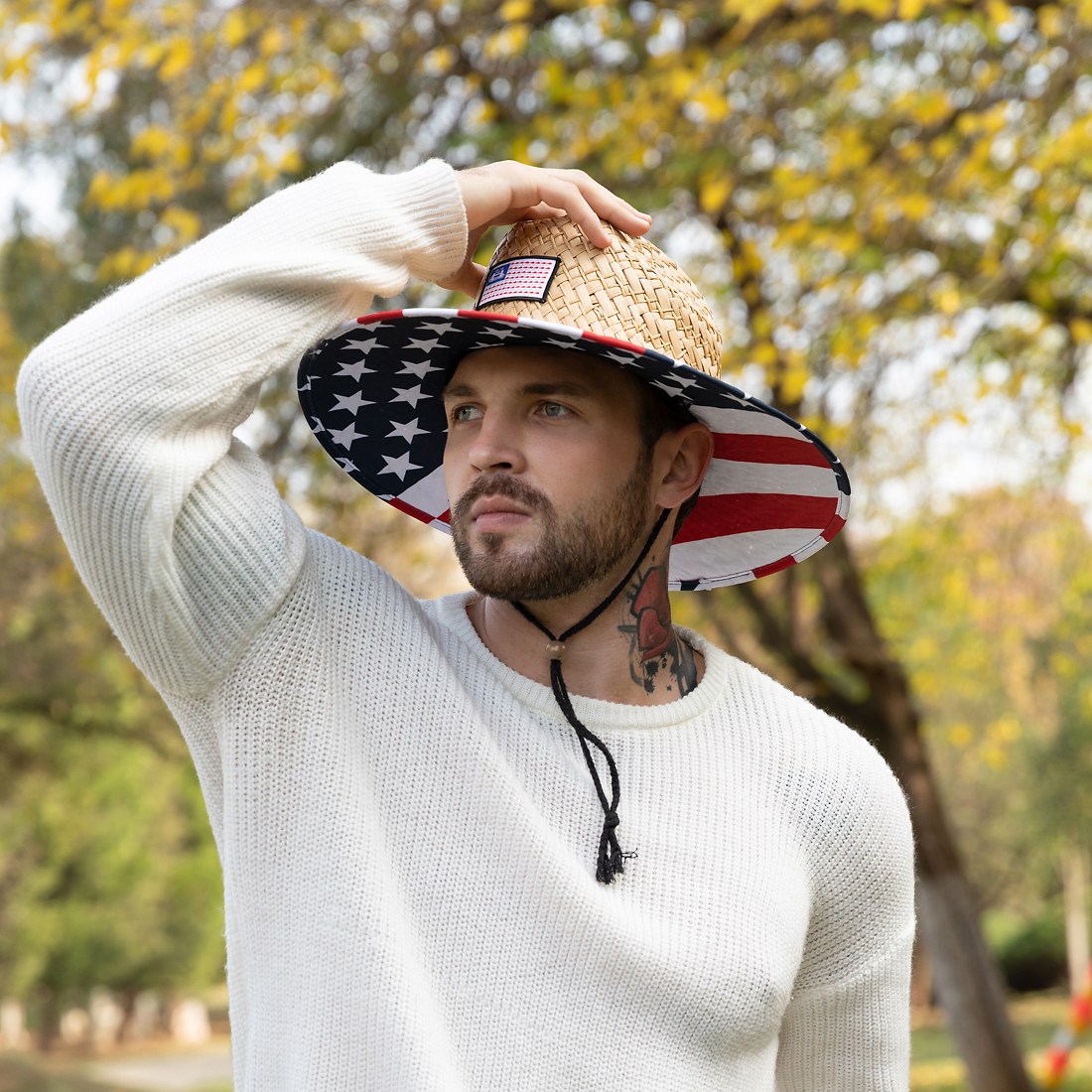 Custom Natural Grass Beach Fishing Surf Lifeguard Straw Hat with Underbrim UPF50+American Flag under Brim Print