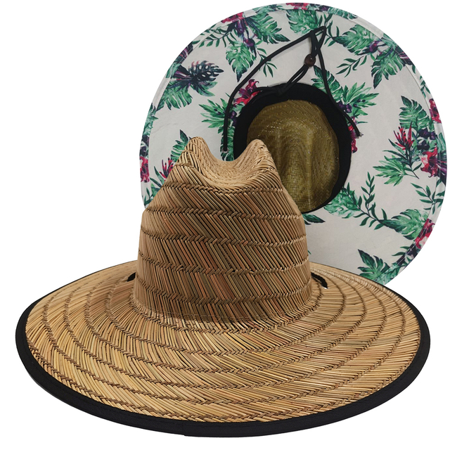 Custom under Brim Print Natural Grass Fishing Surf Lifeguard Straw Sun Hat with Logo