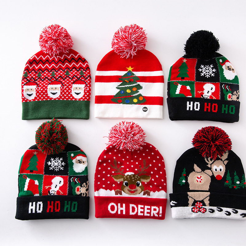 Custom Winter Christmas Halloween Party Gift Knitted Beanie Hat with Led Lights