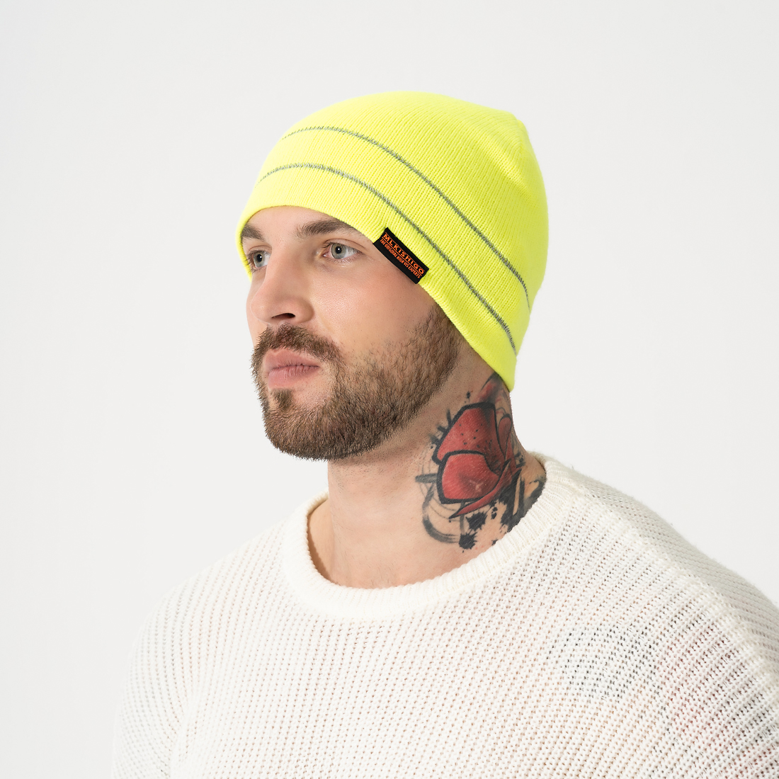 Custom Private Woven Label Logo Knit Skull Cap Fisherman Reflective Stripe Beanie Hat