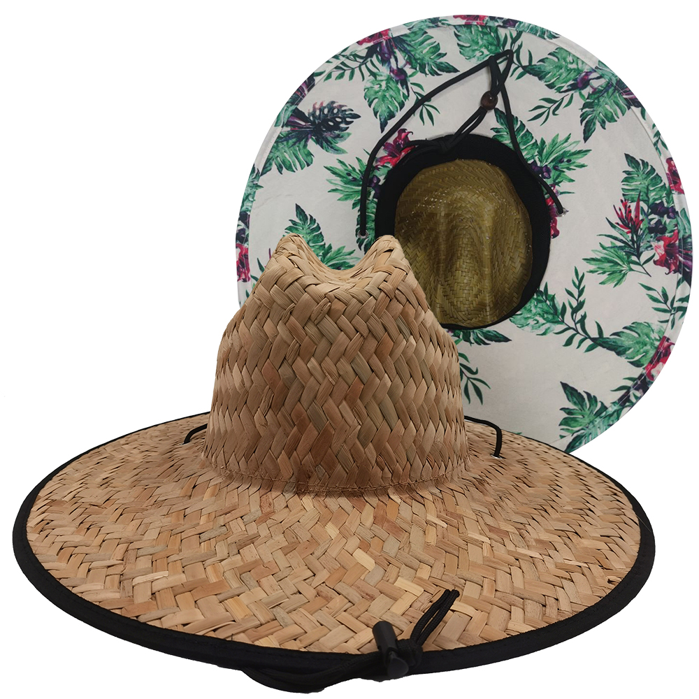 Custom printed bottom summer beach safari tides surf fishing sun straw hat with windproof chin strap