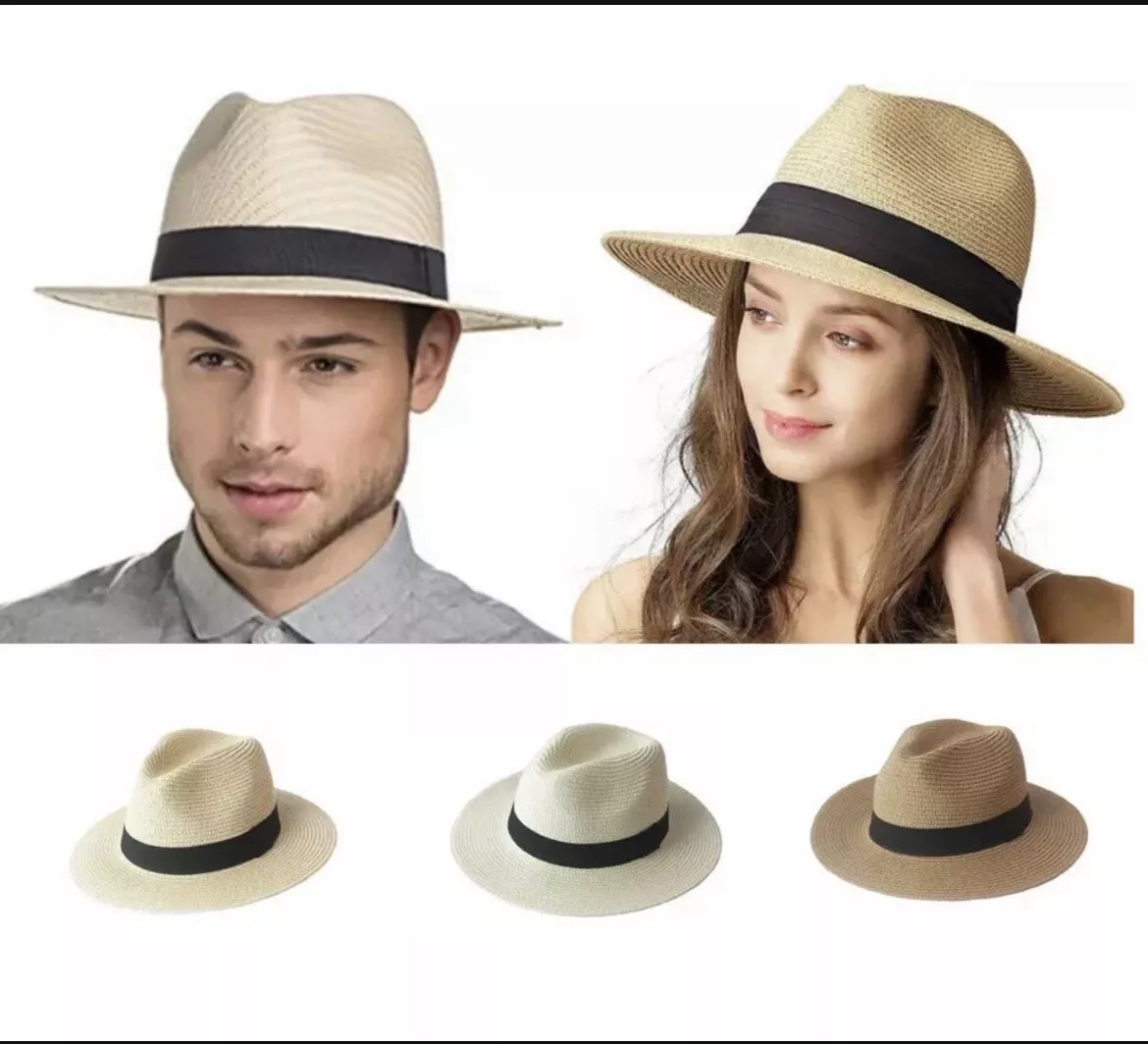 Women Straw Panama Hat Travel Fedora Beach Sun Hat Summer Wide Brim Straw Roll Up Hat UPF 50+