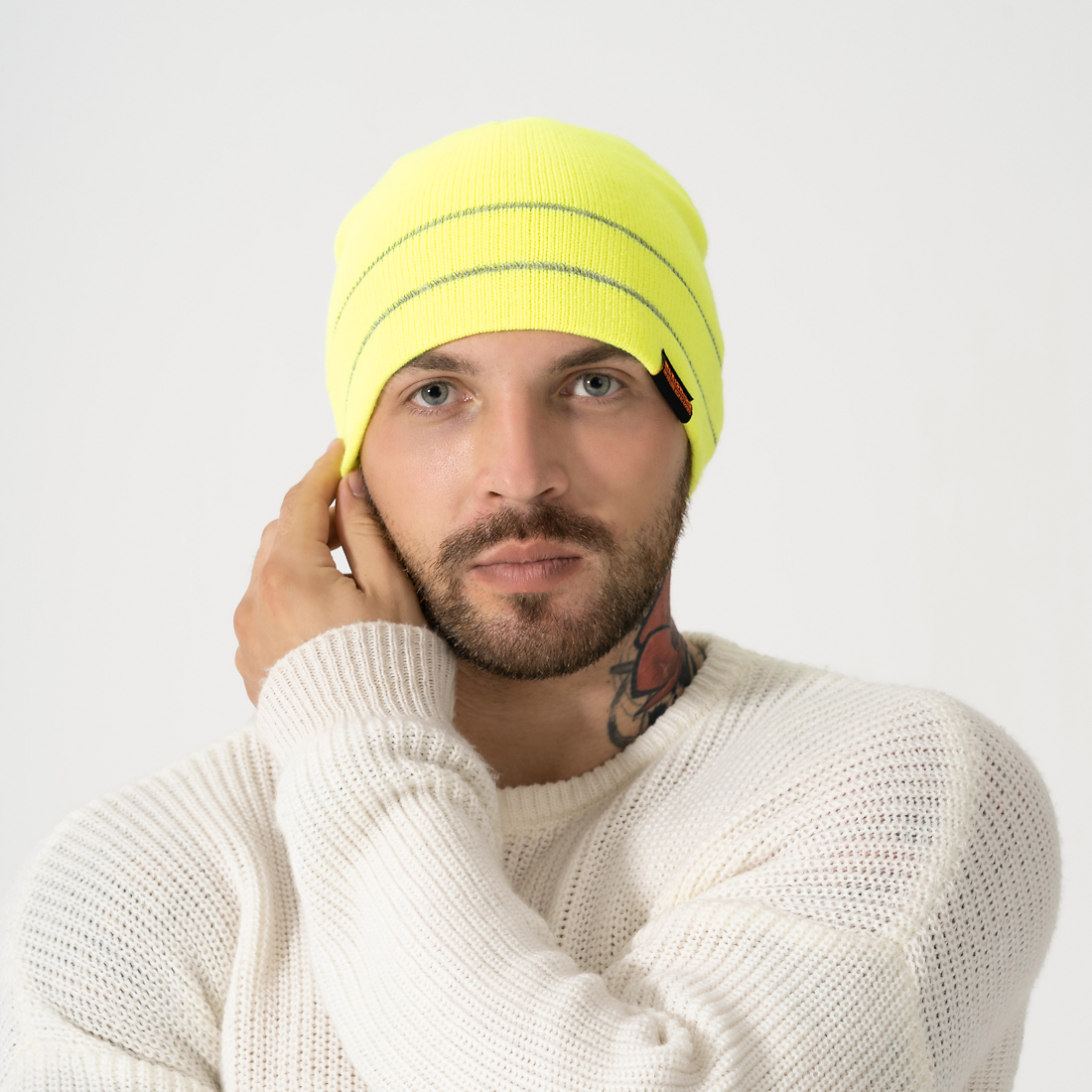 Custom Private Woven Label Logo Knit Skull Cap Fisherman Reflective Stripe Beanie Hat