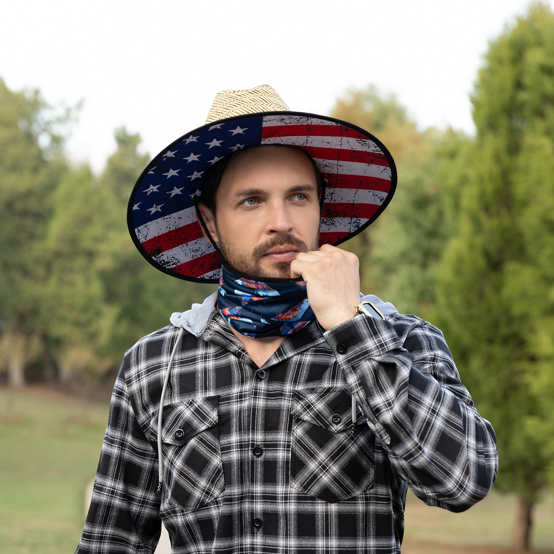 Custom Natural Grass Beach Fishing Surf Lifeguard Straw Hat with Underbrim UPF50+American Flag under Brim Print