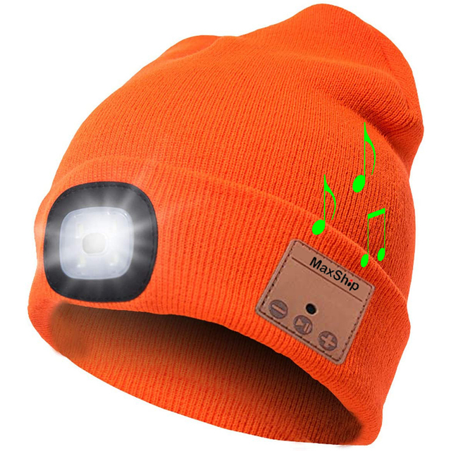 Bluetooth Beanie Music Hat with Light Unisex USB Rechargeable 4 LED Headlamp Cap with Headphones