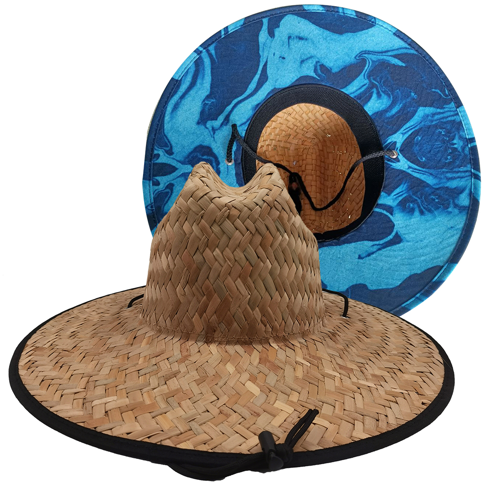 Custom printed bottom summer beach safari tides surf fishing sun straw hat with windproof chin strap