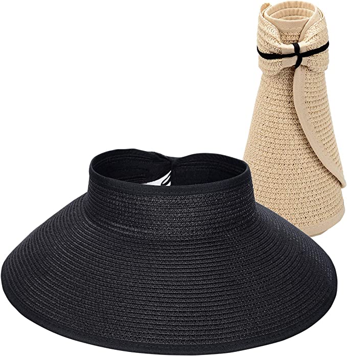 Wholesale Crownless Foldable Packable Women Adjustable Size Summer Beach Roll Up Visor Straw Hat with Bow